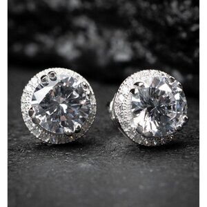Solitaire Round Halo 925 Sterling Silver CZ Unisex Screw Back Stud Earrings